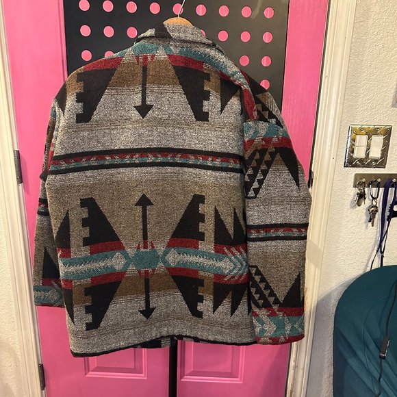 Forever 21- Brown, red, teal, native print jacket. Missing one button. - Picture 2 of 2
